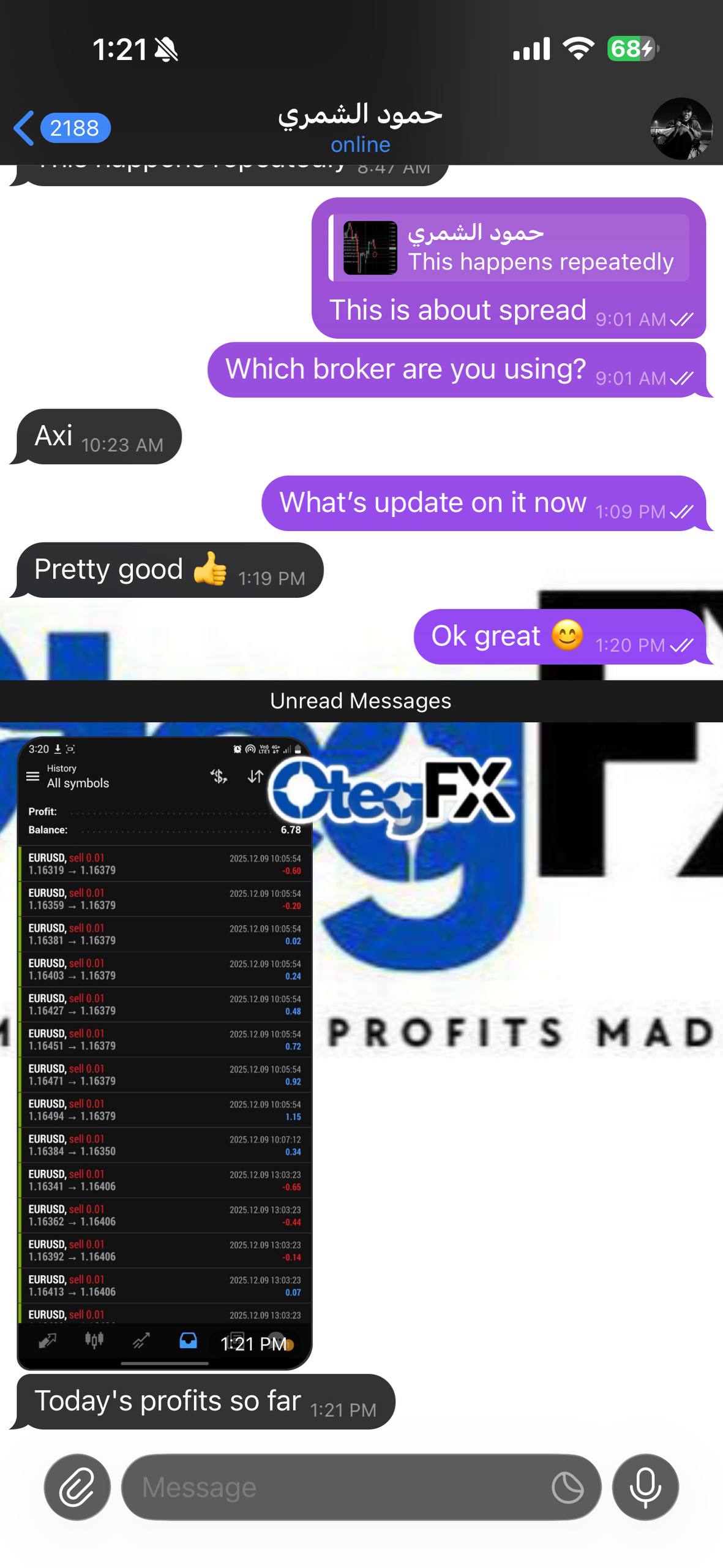 OtegFX client daily profits EURUSD