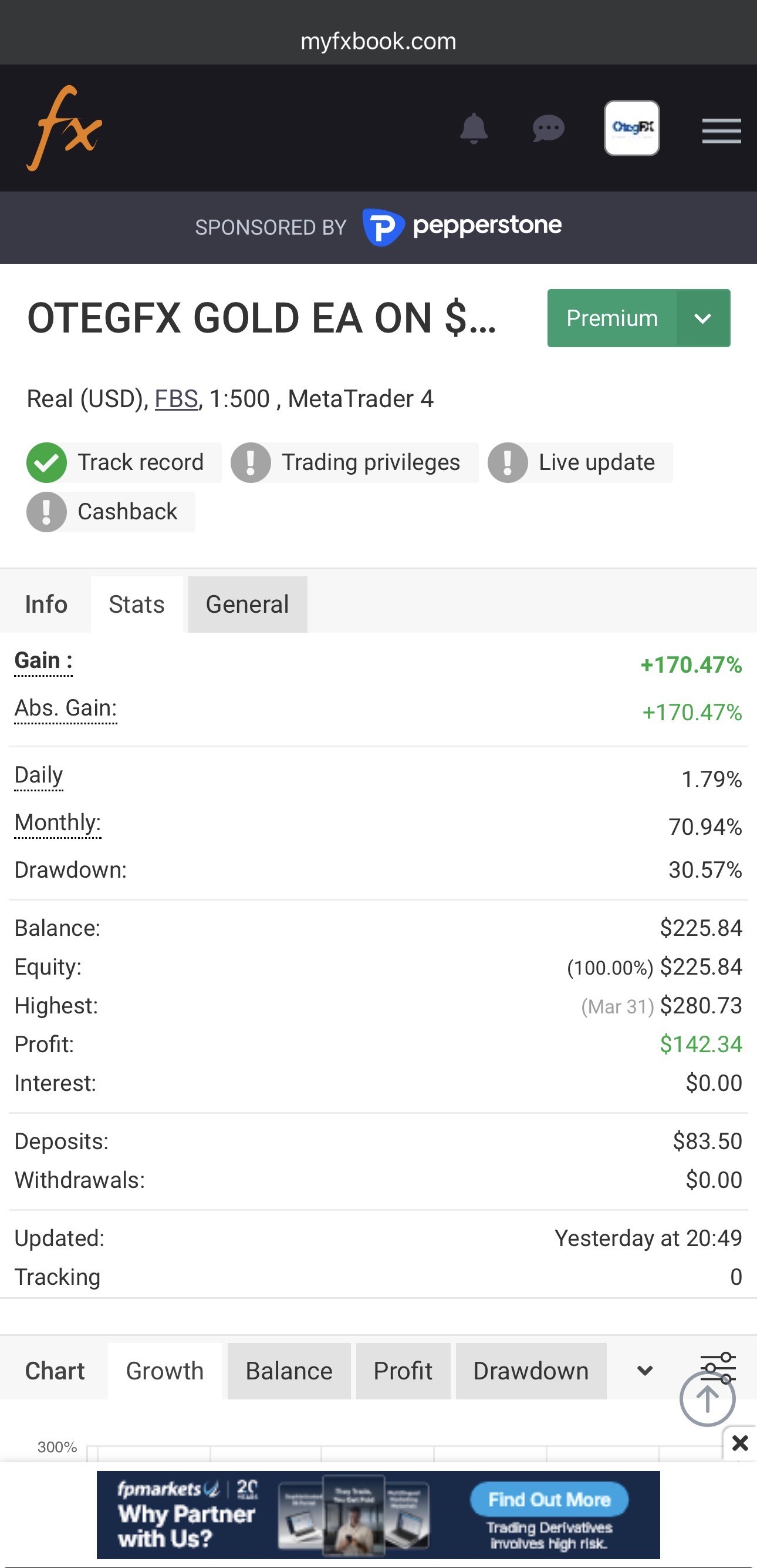 OtegFX Gold EA +170.47% gain FBS MT4